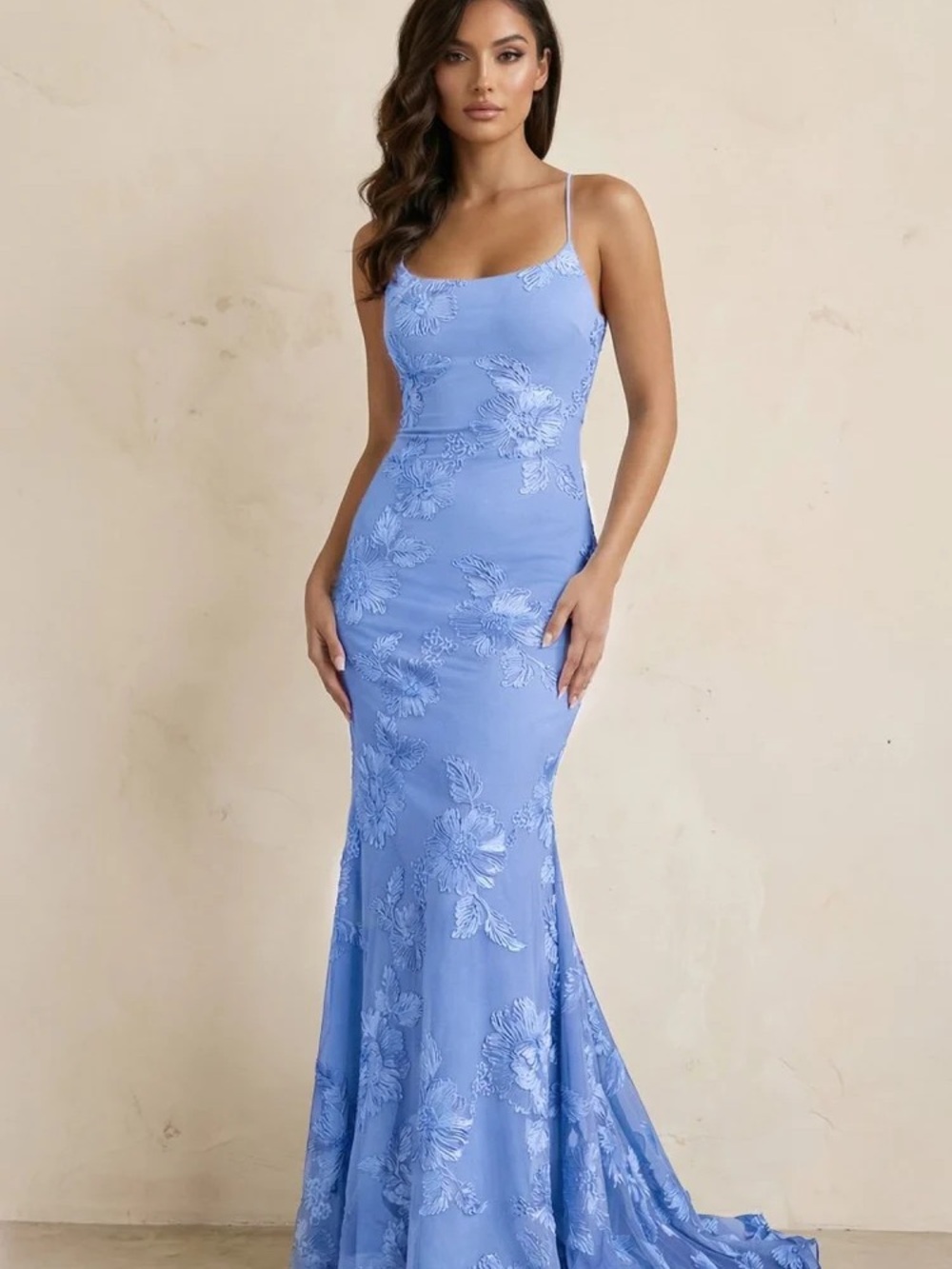 Sky Blue Floral Lace Maxi Dress with Spaghetti Straps